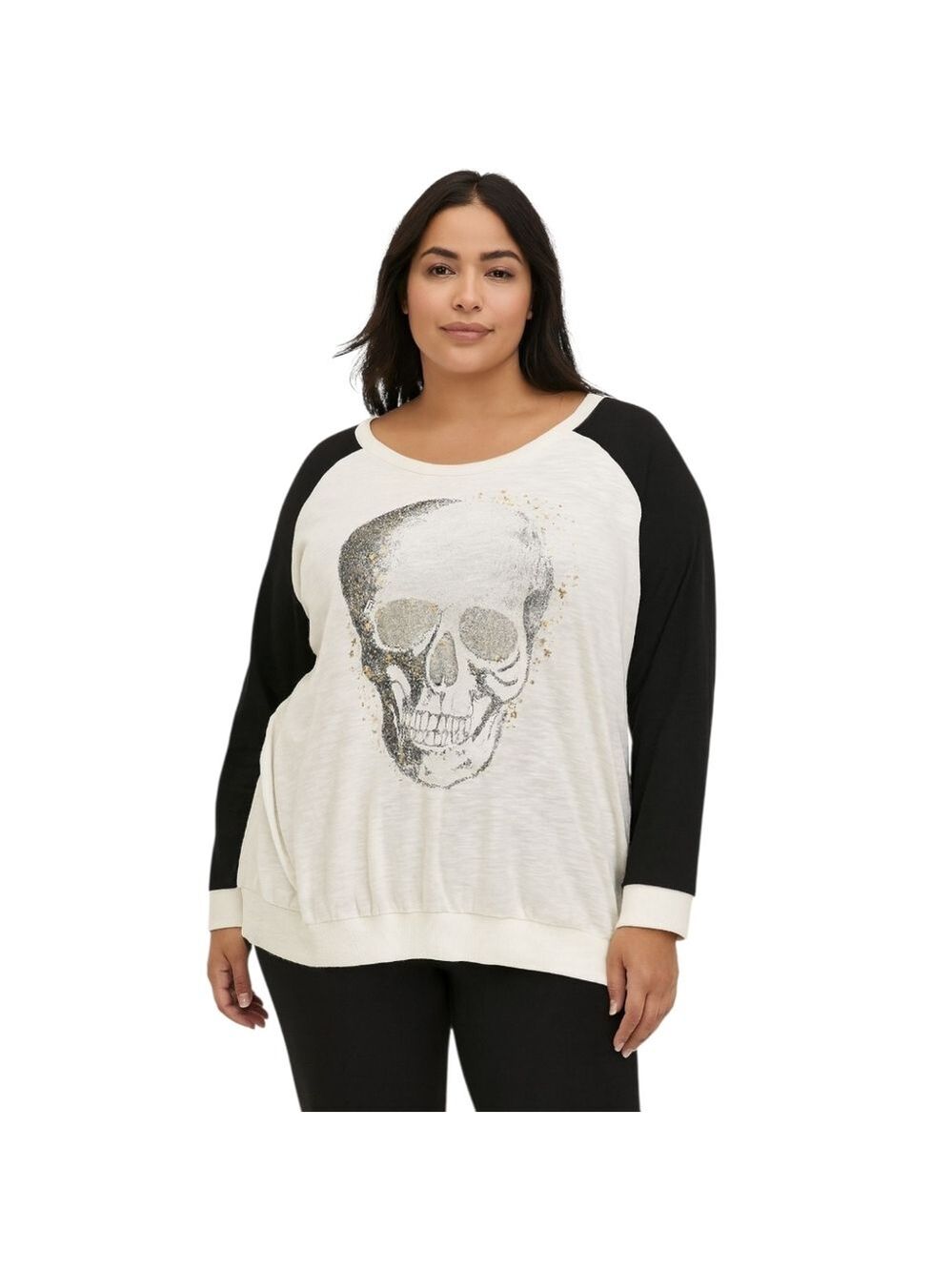 Torrid Super Soft Skull Graphic Raglan Sweatshirt – Cream & Black (2X)